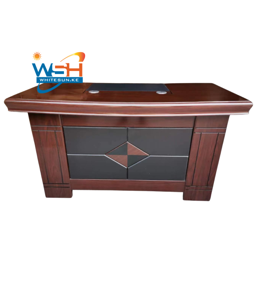 An elegant wooden office desk with cable management grommets