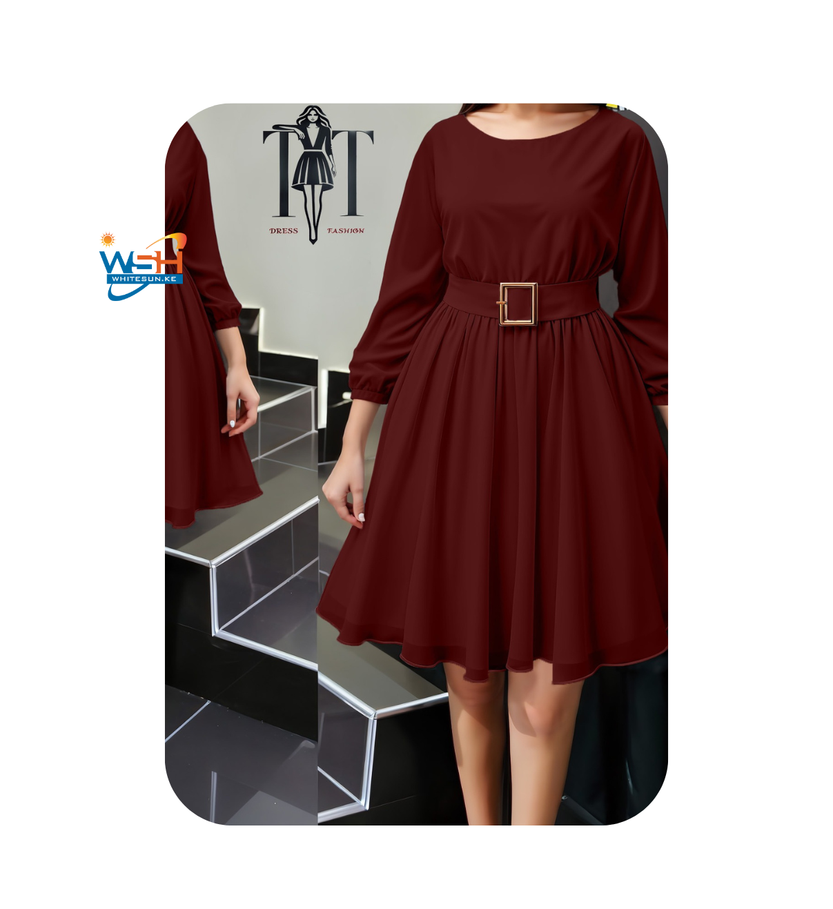 Maroon Flared Belted Dress