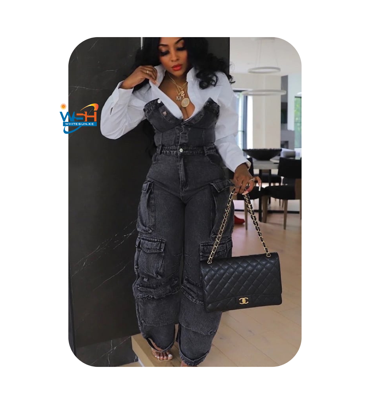 Strapless Multi Flap Pocket Denim Cargo Jumpsuit