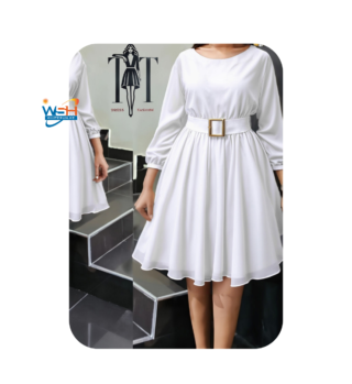 white Flared Belted Dress