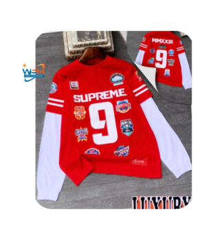 Red Trendy Oversized T-Shirt with Bold Design and Colorful Patches