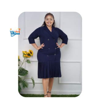 Elegant Navy-blue Double-Breasted Blazer Dress with Pleated Hem