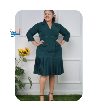 Elegant Navy-blue Double-Breasted Blazer Dress with Pleated Hem