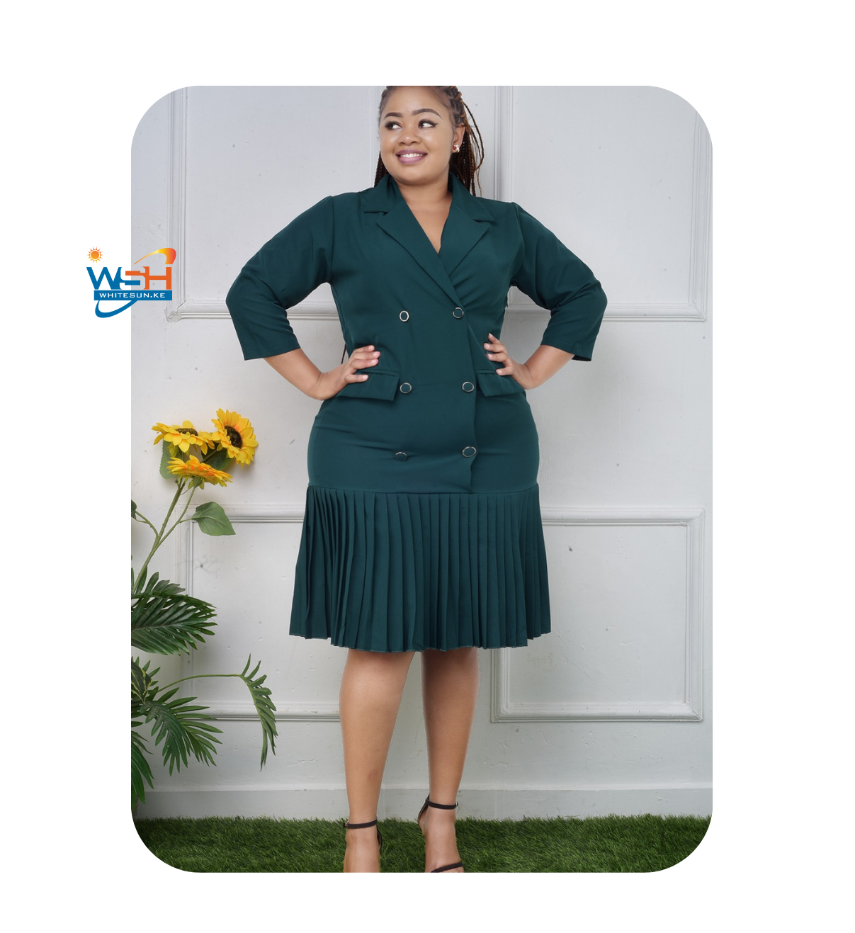 Elegant Navy-blue Double-Breasted Blazer Dress with Pleated Hem