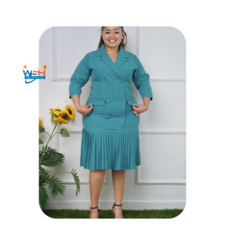 Elegant Navy-blue Double-Breasted Blazer Dress with Pleated Hem