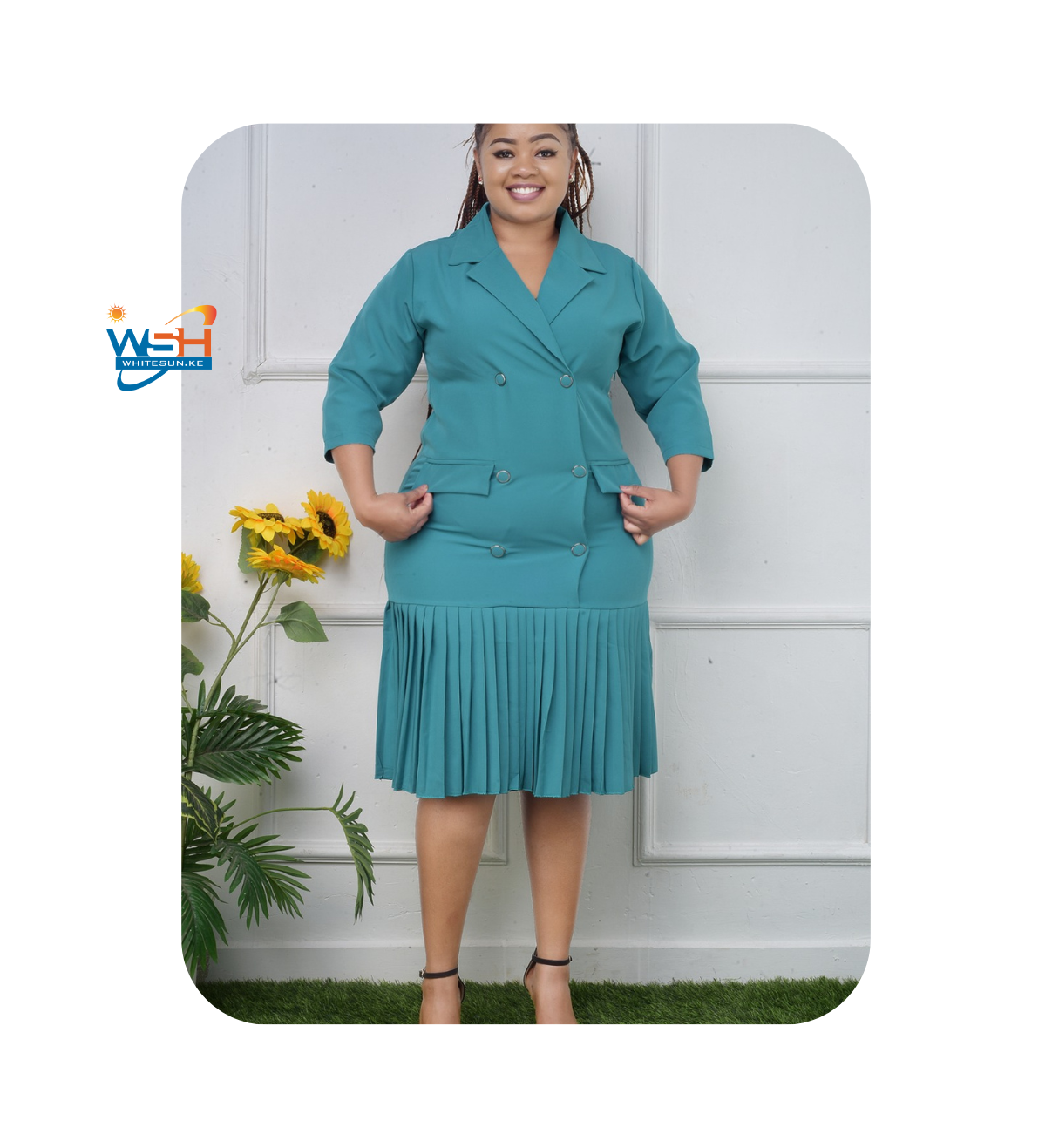 Elegant Navy-blue Double-Breasted Blazer Dress with Pleated Hem