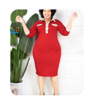 Elegant Red Bodycon Dress with Contrasting Collar and Cuffs