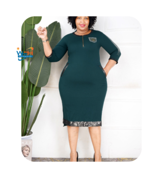 Elegant green Bodycon Dress with Contrasting Collar and Cuffs