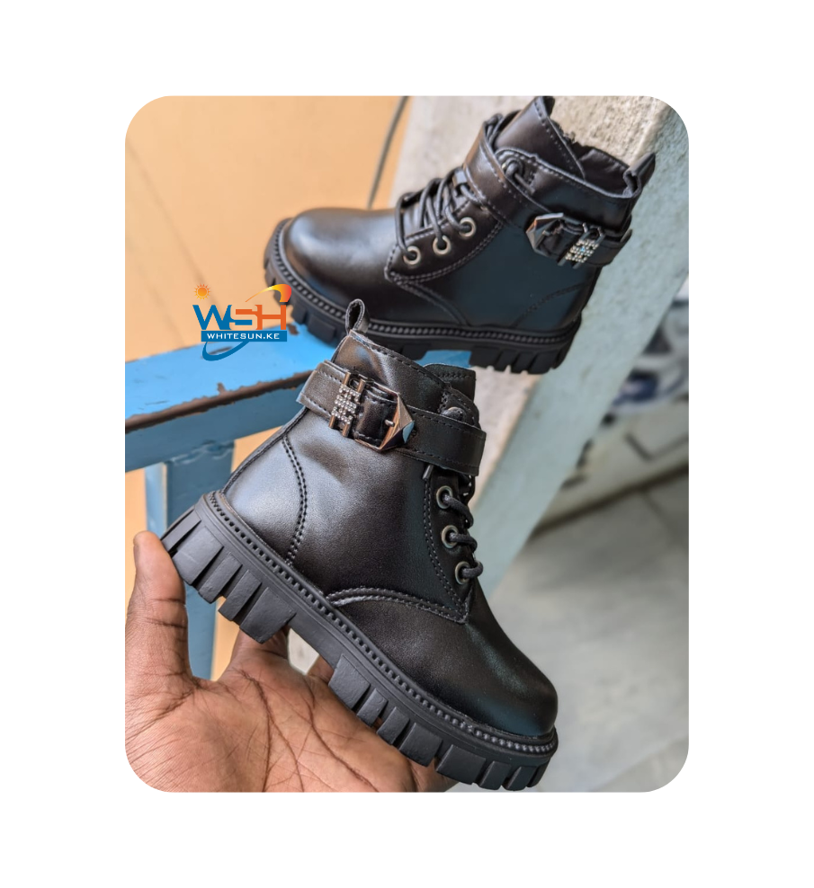 Black Leather Boots with Buckle Strap
