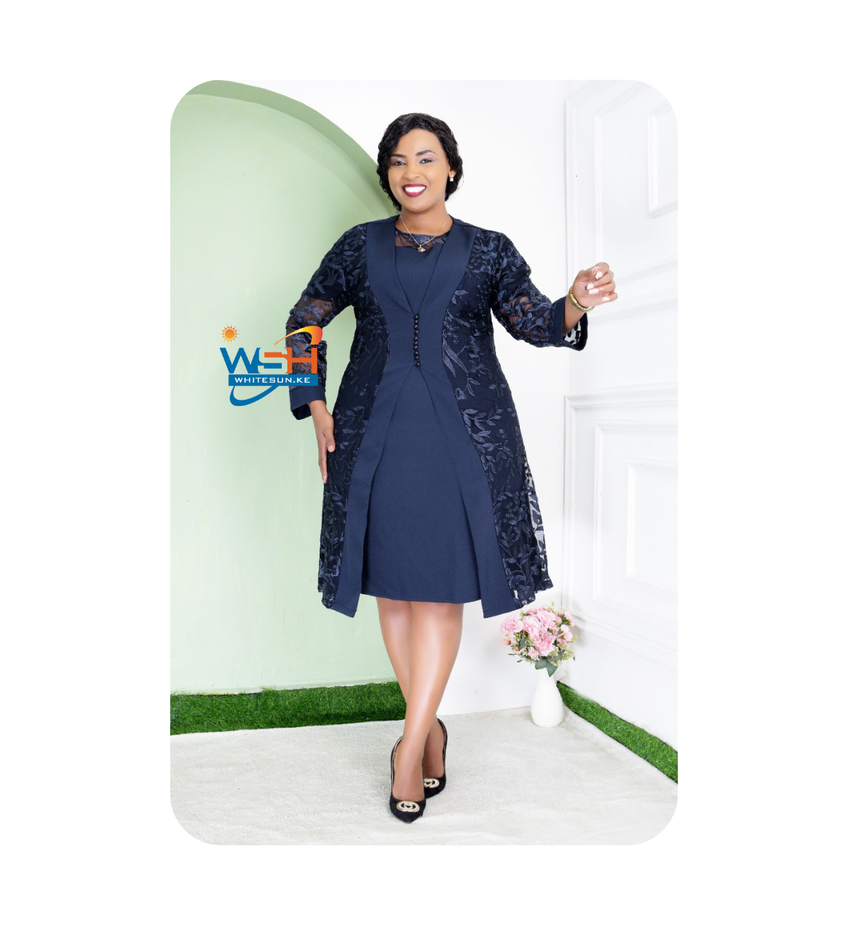 Elegant Navy Blue Dress with Lace Jacket