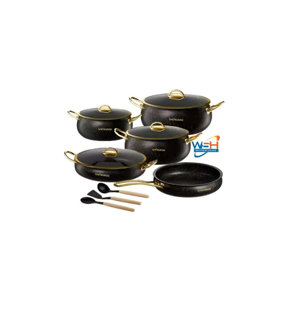 Luxury Black & Gold Nonstick Cookware Set β 10-Piece Granite-Coated Pots and Pans with Glass Lids, Heat-Resistant Gold Handles & Cooking Utensils β Scratch-Resistant, Durable, and Elegant