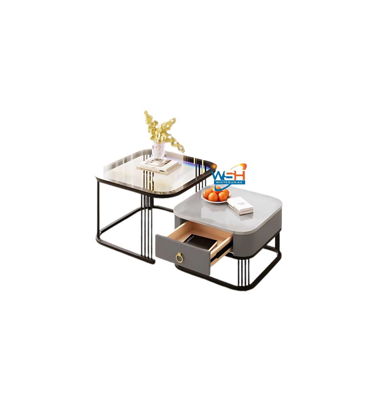 Modern Nesting Coffee Table Set – Luxury Glass & Wood Side Tables with Storage Drawer, Metal Frame – Stylish Living Room Accent