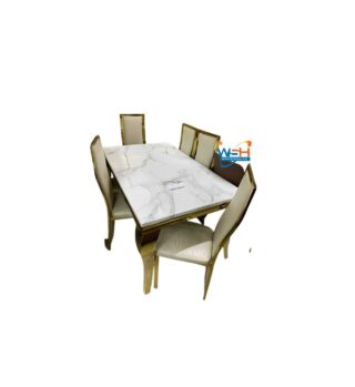 Luxury 6-Seater Dining Table Set – White Marble Top & Gold Stainless Steel Frame with Elegant Upholstered Chairs