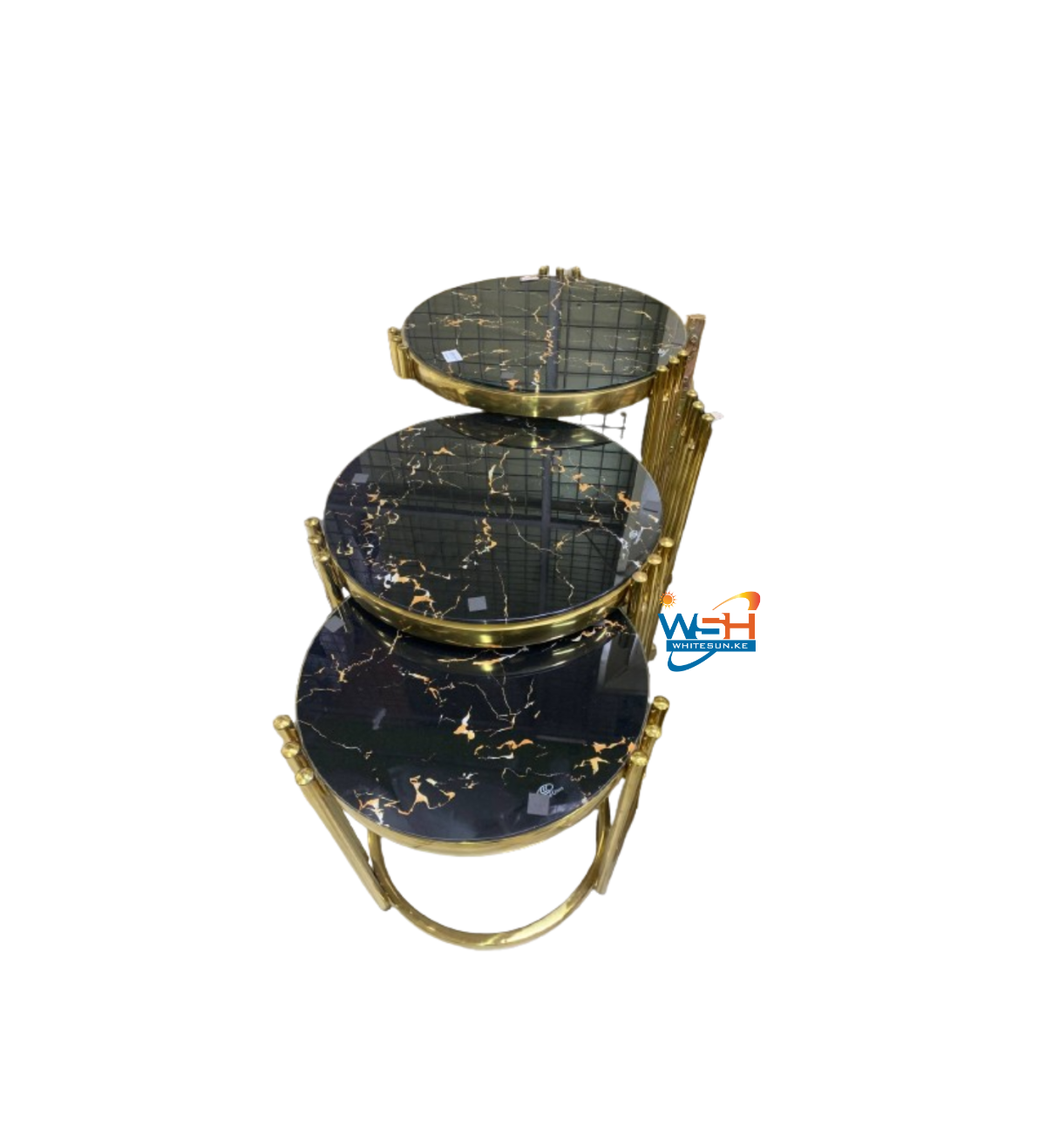Luxury Nesting Coffee Table Set – 3-Piece Black Marble with Gold Frame, Modern Round Accent Tables for Living Room & Lounge