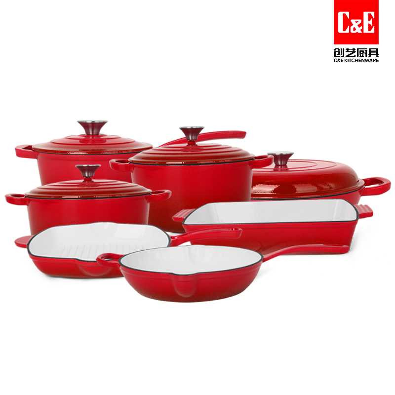 C&E Red 11-Piece Cast Iron Enamel Cookware Set – Complete Enamelled Cast Iron Cookware Kit with Dutch Ovens, Skillets, Grill & Bakeware – Heavy-Duty Pots for Gas, Electric & Induction (Copy)