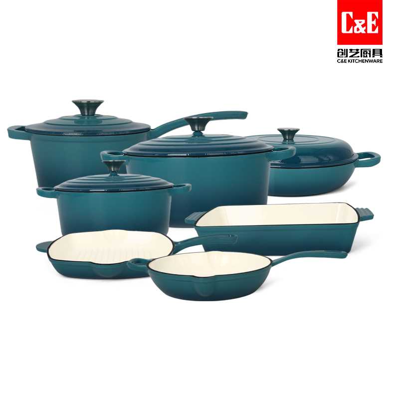 C&E Green 11-Piece Cast Iron Enamel Cookware Set – Complete Enamelled Cast Iron Cookware Kit with Dutch Ovens, Skillets, Grill & Bakeware – Heavy-Duty Pots for Gas, Electric & Induction (Copy) (Copy)