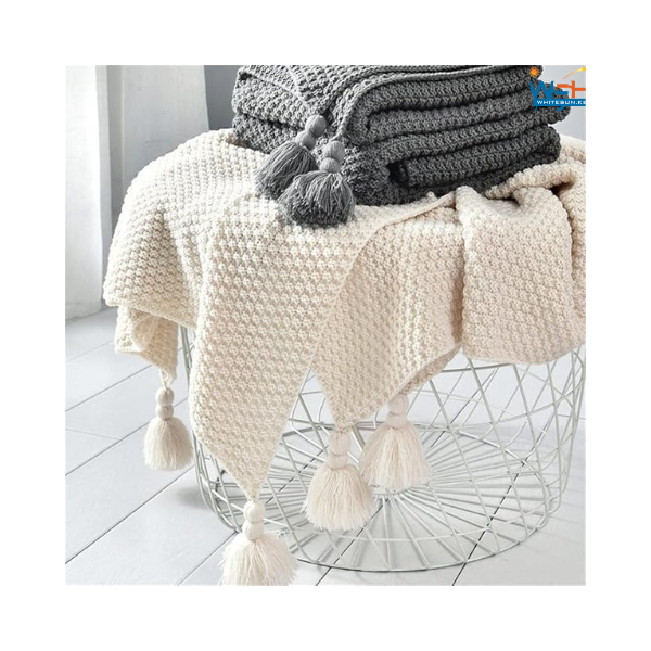 Knitted Sofa Blanket, Soft Blanket, Solid Color Sofa Towel with Tassel, Office Nap Shawl, Leisure-White. - Image 2