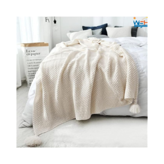 Knitted Sofa Blanket, Soft Blanket, Solid Color Sofa Towel with Tassel, Office Nap Shawl, Leisure-White.