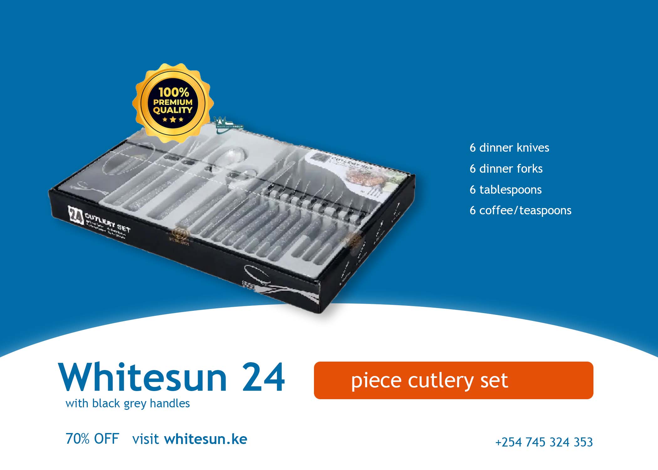 Whitesun 24 pieces cutlery set with black grey handles