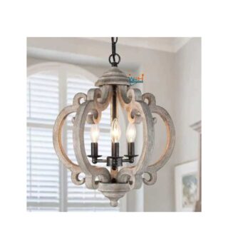 Wood Round Chandelier, Grey Globe Farmhouse Lantern Pendant Light 3-Light Black Candlestick Rustic Caged Chandelier