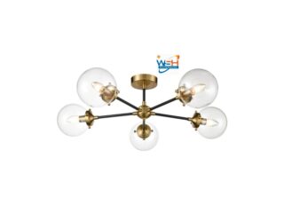 Classic 5 Lamp Semi Flush Ceiling Light Black / Antique Gold Clear Glass