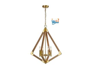 Trani Large Prismatic Modern Brass & Solid Wood Chandelier / Hanging Light - Brass & Natural Wood