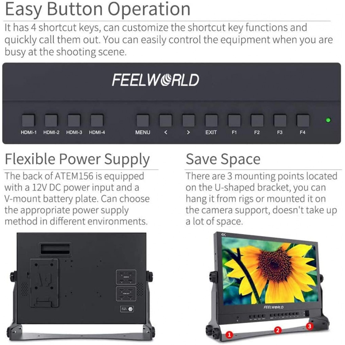FEELWORLD ATEM156 15.6 Inch Live Streaming Broadcast Director Monitor for ATEM Mini Video Switcher Mixer Pro Studio Television Production with 4 HDMI Input Output Quad Split Display Atem - Image 4