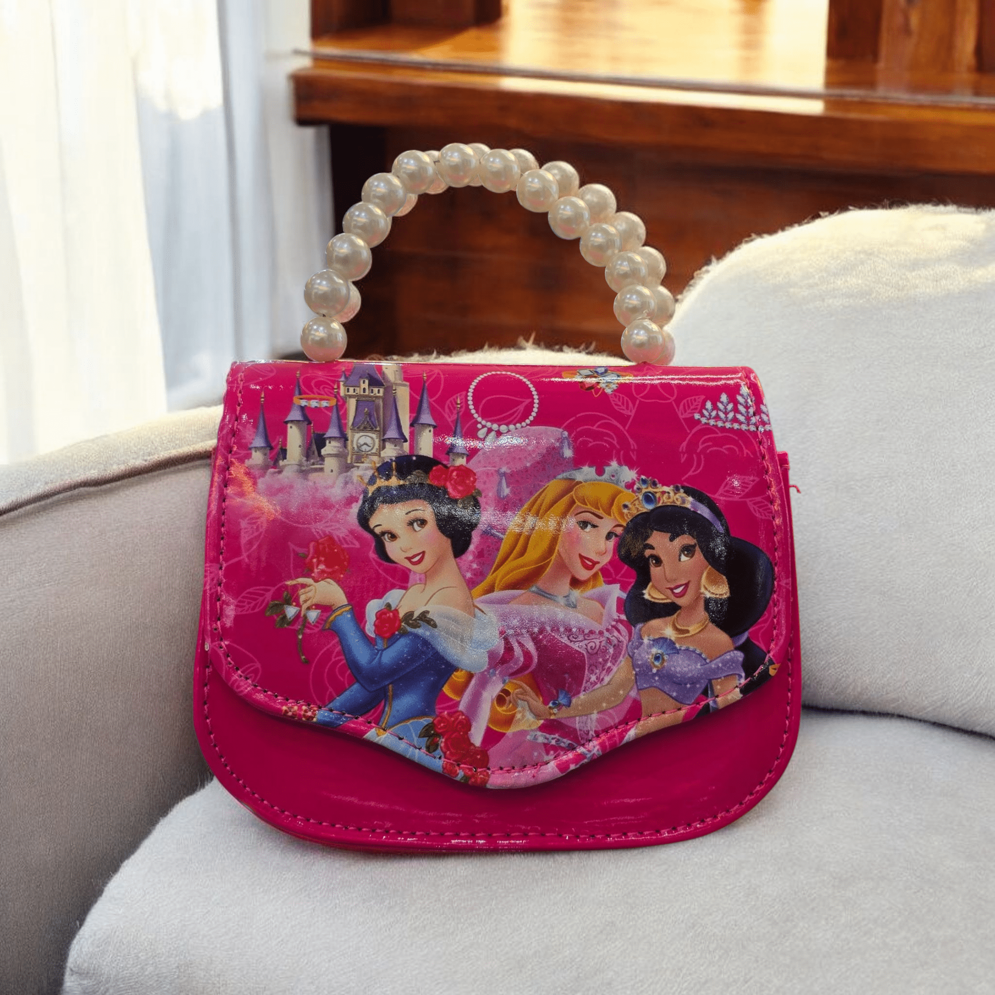 084# Whitesun Kids Handbag with Long Shoulder Strap – Waterproof Cartoon Birthday Gift for Girls 1–12 Years – Princess hot pink handbag - Image 2