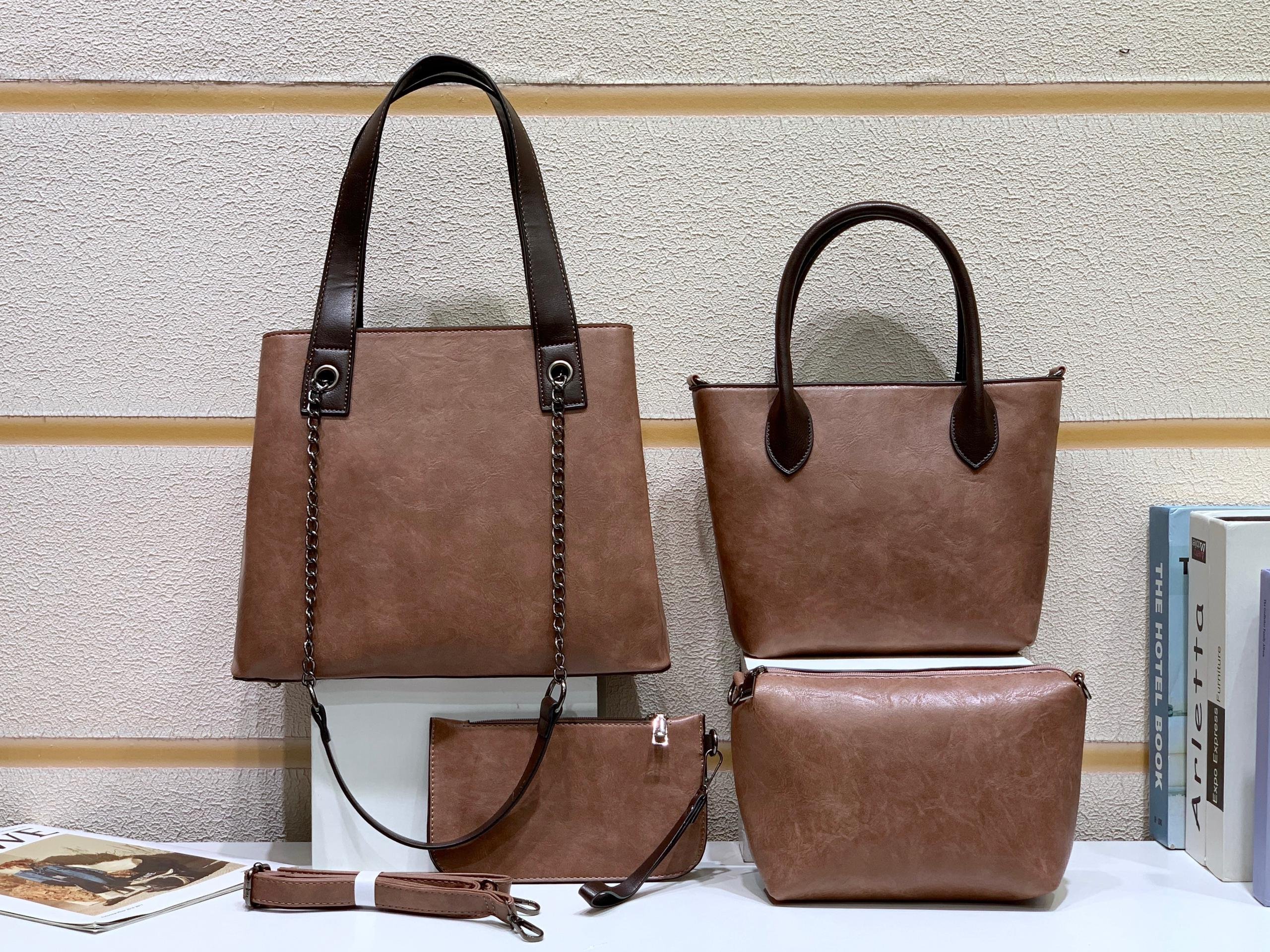 085# Whitesun Leather Handbag Set for Women4-Piece Tote, Handbag, Clutch, and Wristlet Gift Set for Birthday, Anniversary, Office, or Everyday Use- 9104 Brown