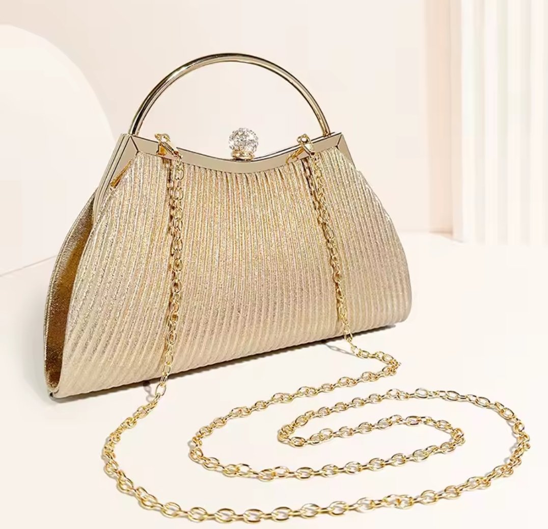 072# Whitesun Elegant Pleated Handbag for Women – Gold Frame Evening Purse with Chain Strap and Jeweled Clasp, Ideal Birthday or Anniversary Gift- Gold colour - Image 5