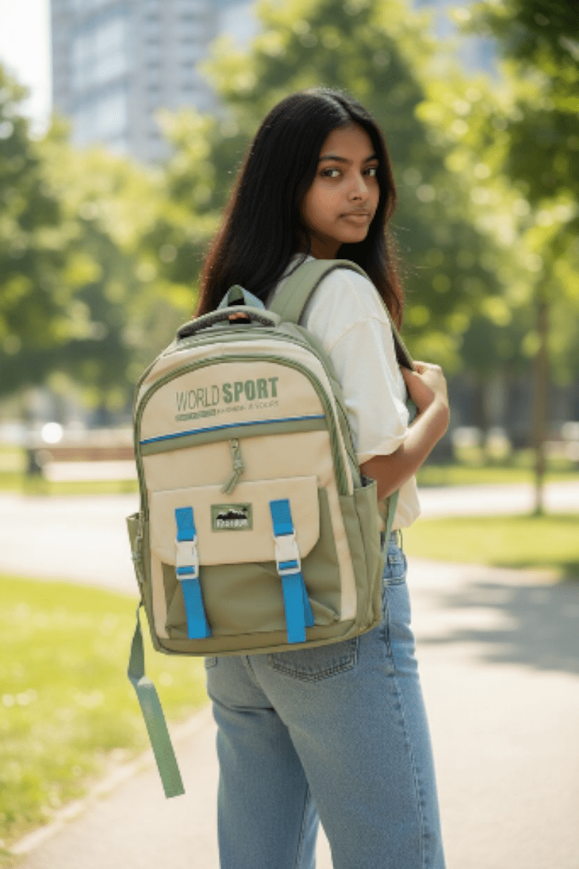 015# Whitesun WaiPack™ World Sport School bag & College Backpack – green & white with Buckle Detail
