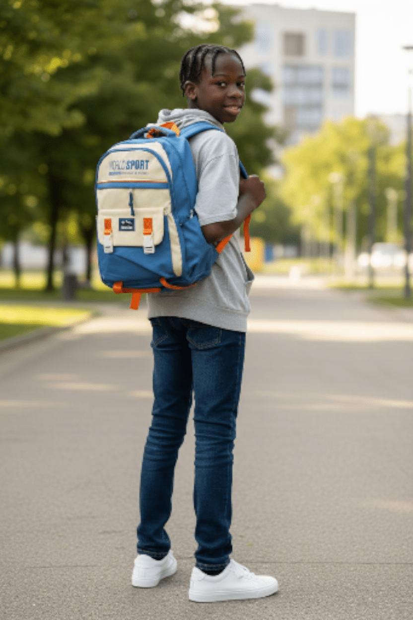 014# Whitesun WaiPack™ World Sport School bag & College Backpack – Blue & white with Buckle Detail