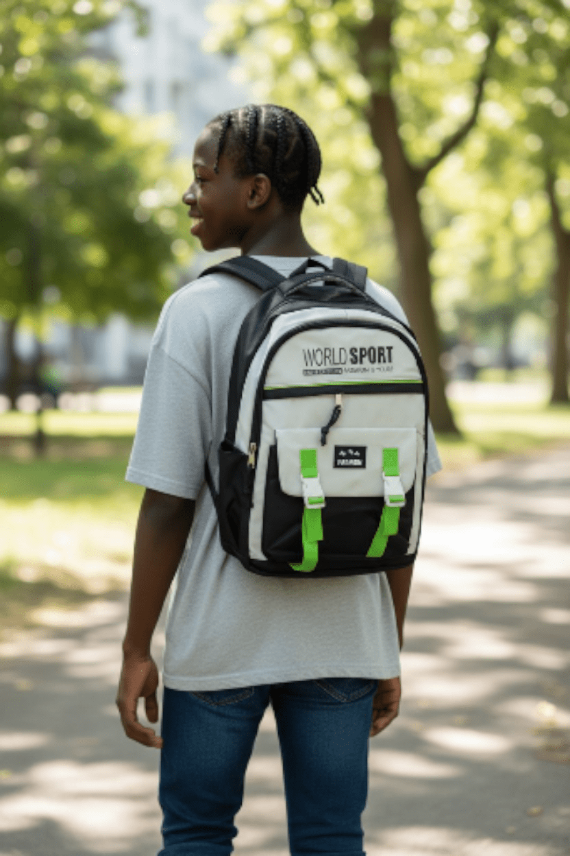 013# whitesun WaiPack™ World Sport School bag & College Backpack – Black & white with Buckle Detail