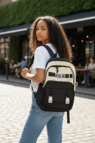 012# Whitesun WaiPack™ Unisex School bag & College Backpack – Black & white with Buckle Detail