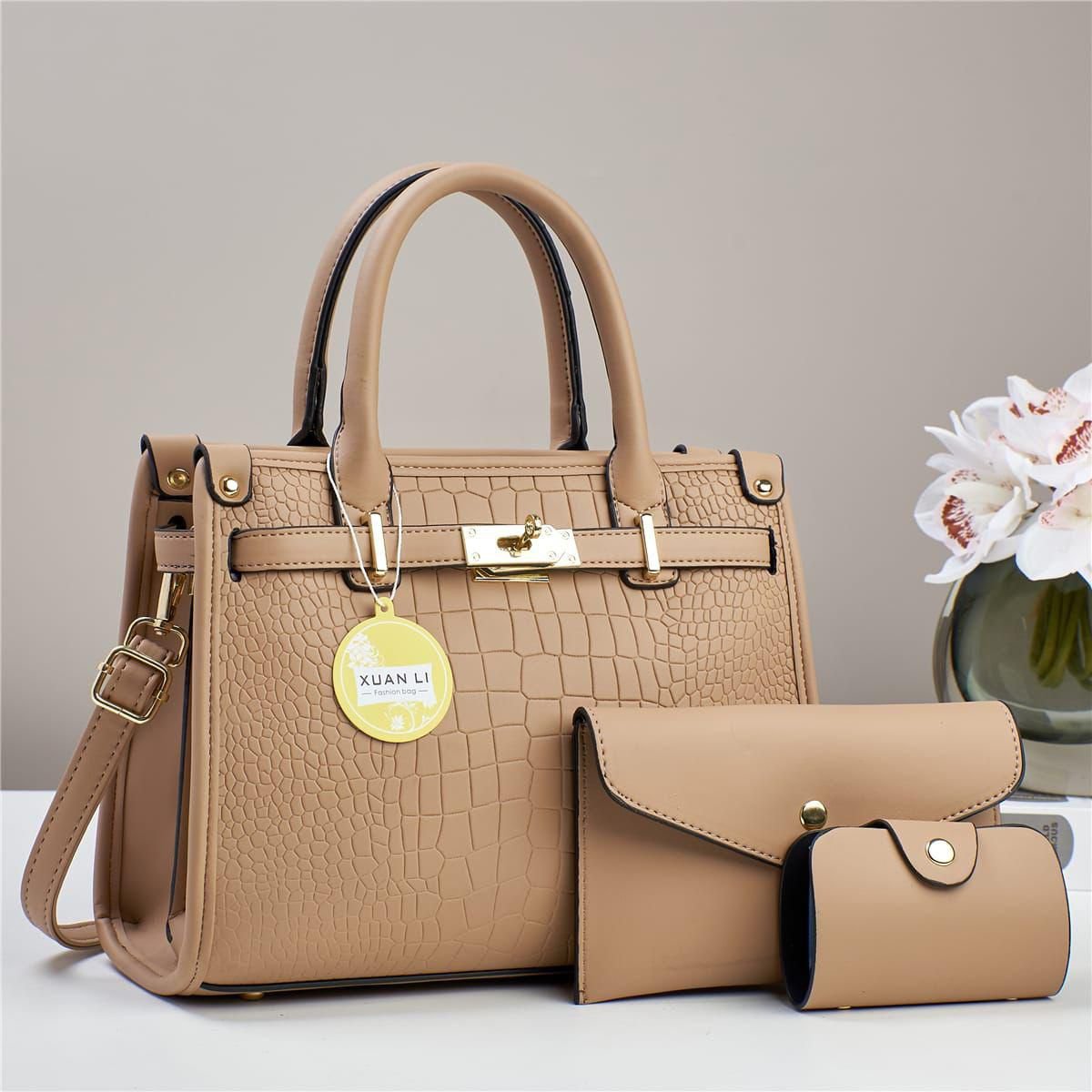 027# Whitesun 3in1 Queen Chiq Ladies Handbag- ideal birthday gift anniversary gift and Valentine’s Day gift idea for mom sister auntie girlfriend cousin grandmother- Beige Colour