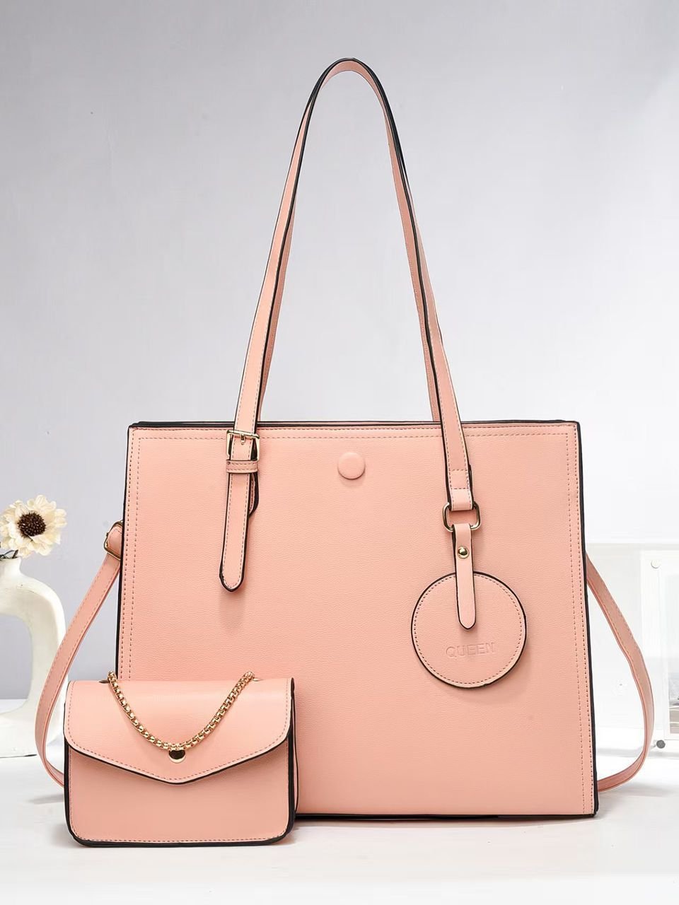 091# Whitesun Queen Pom 2in1 pink Medium size Heavy leather material handbag Valentine’s gift pack for women colleagues wife sister auntie grandmother girlfriend’s gift present