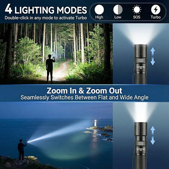 SuperFire 1000 Lumens Tactical Flashlight, Super Bright LED Rechargeable, Zoomable with Long Battery Life, 4 Light Modes Pocket Flashlight for Home, Mechanic, Camping, Emergency, Survival - Image 4