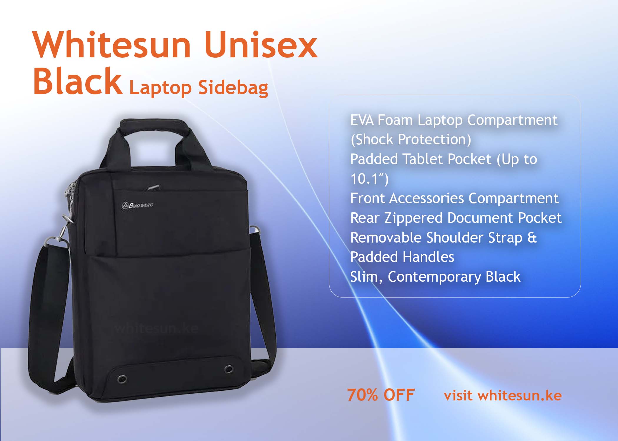 163# Whitesun Unisex Black Laptop Sidebag – Premium Multi-Compartment Work and Travel Bag with Dividers, Metal Hardware, and Water-Resistant Finish 14 inch size