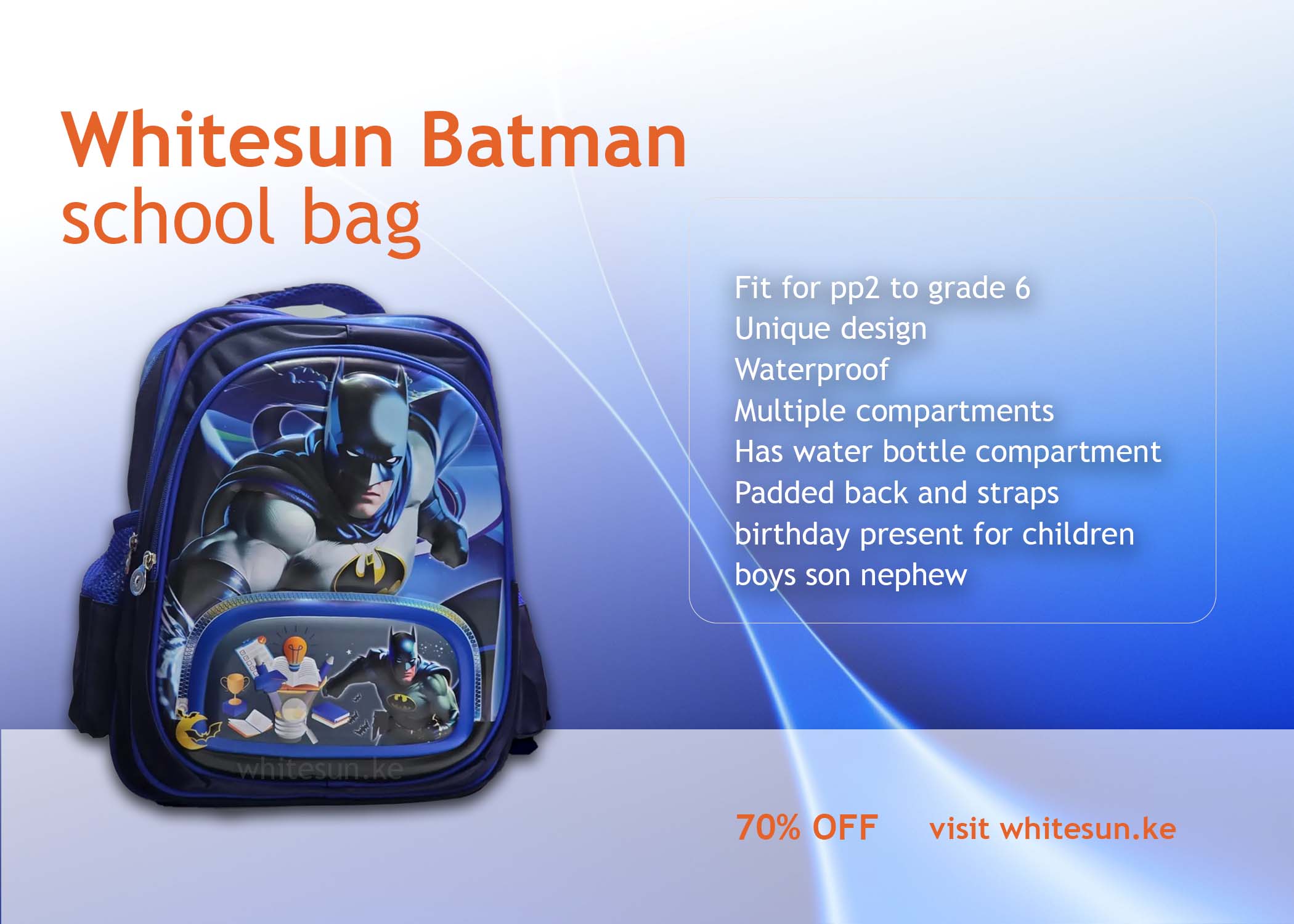 170# Whitesun Batman blue large capacity boys school bag quality primary school bag for boys birthday gift for son nephew cousin