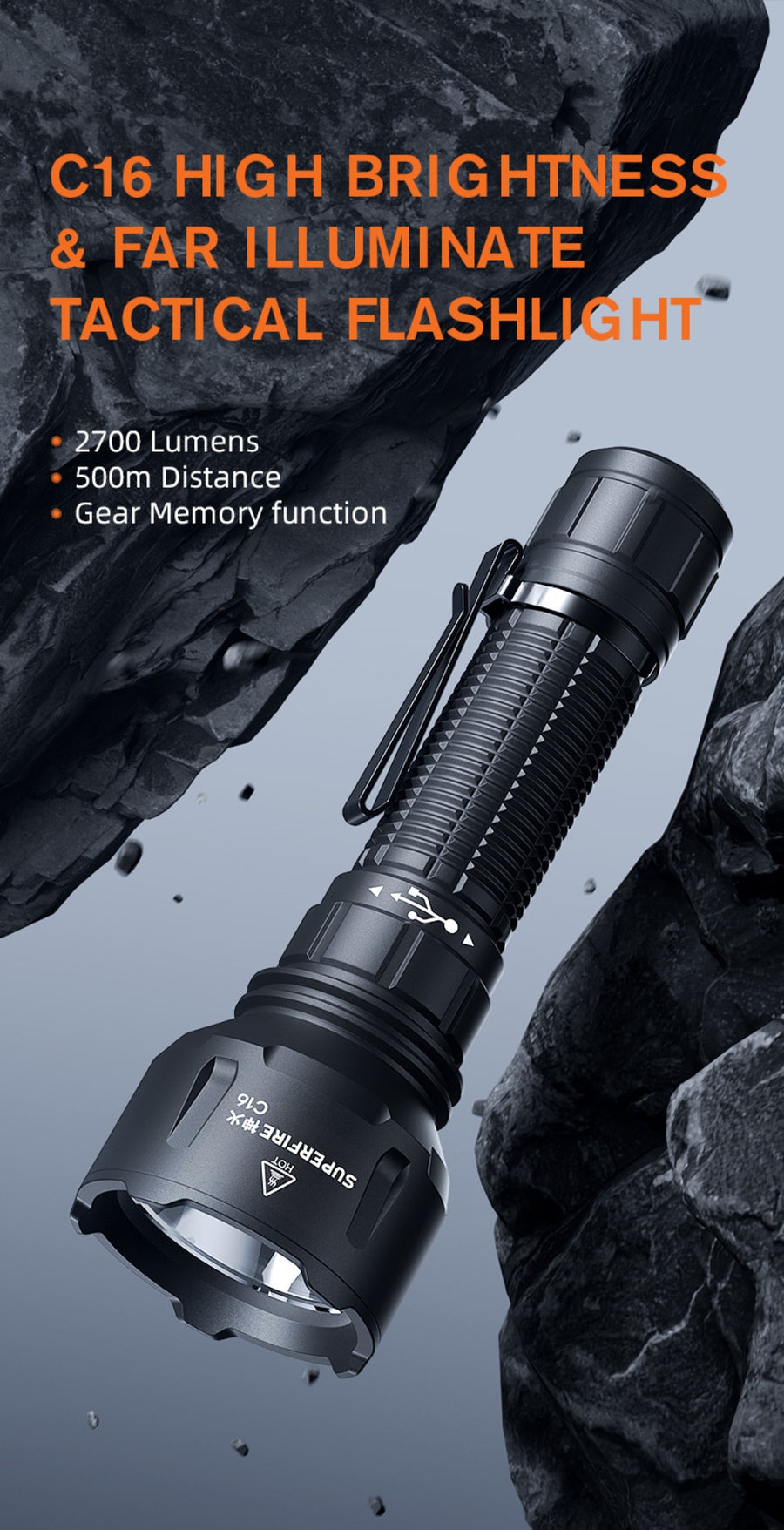 SUPERFIRE C16 Long-Range LED Flashlight | 2700LM, 500m Beam, Rechargeable - Image 4