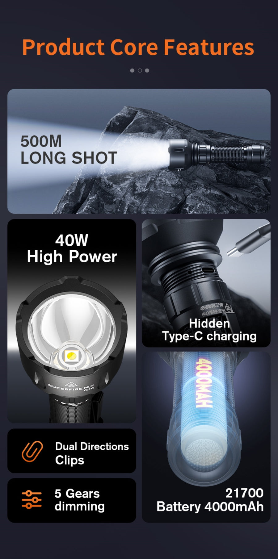 SUPERFIRE C16 Long-Range LED Flashlight | 2700LM, 500m Beam, Rechargeable - Image 5