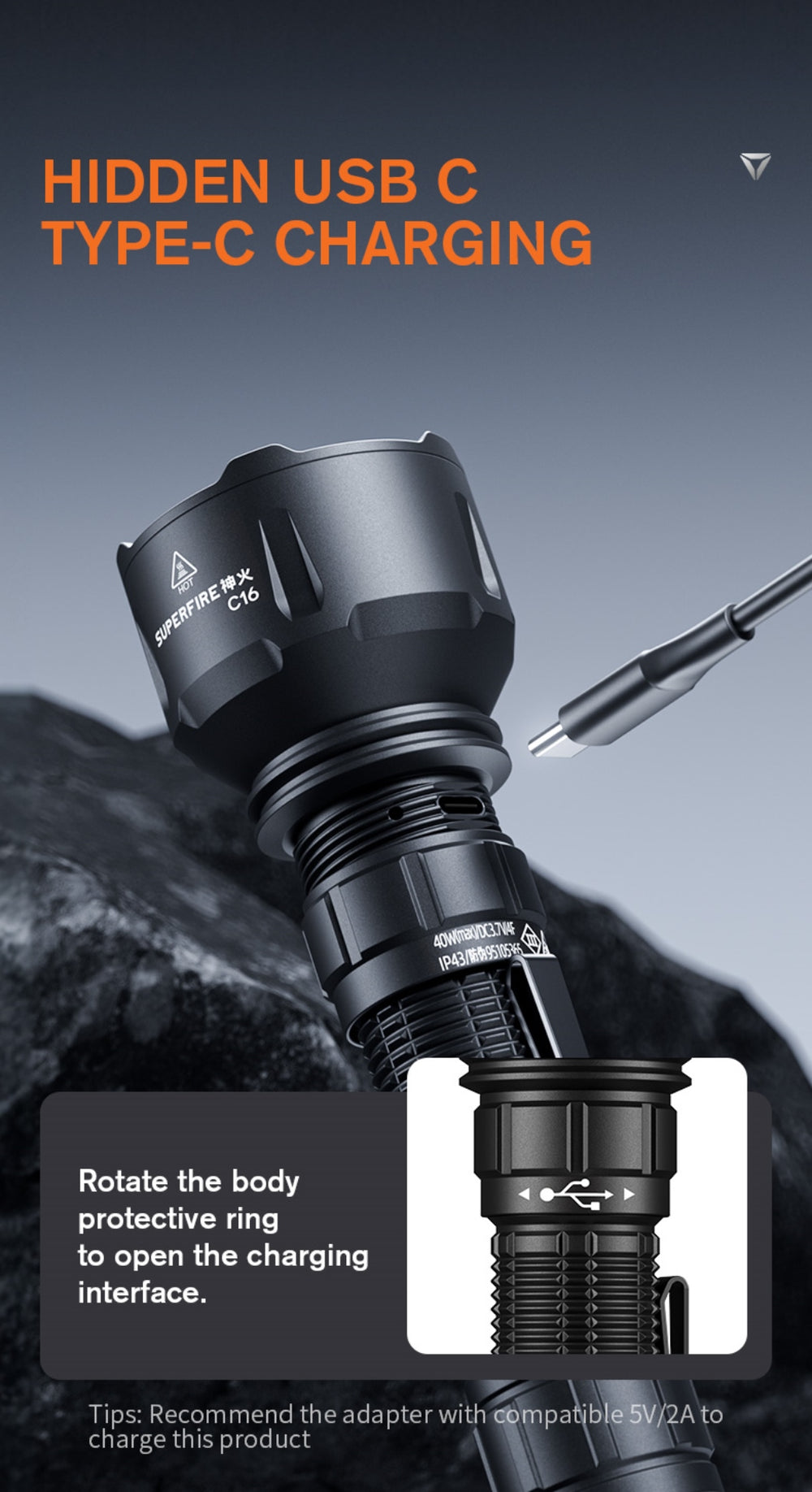 SUPERFIRE C16 Long-Range LED Flashlight | 2700LM, 500m Beam, Rechargeable - Image 9