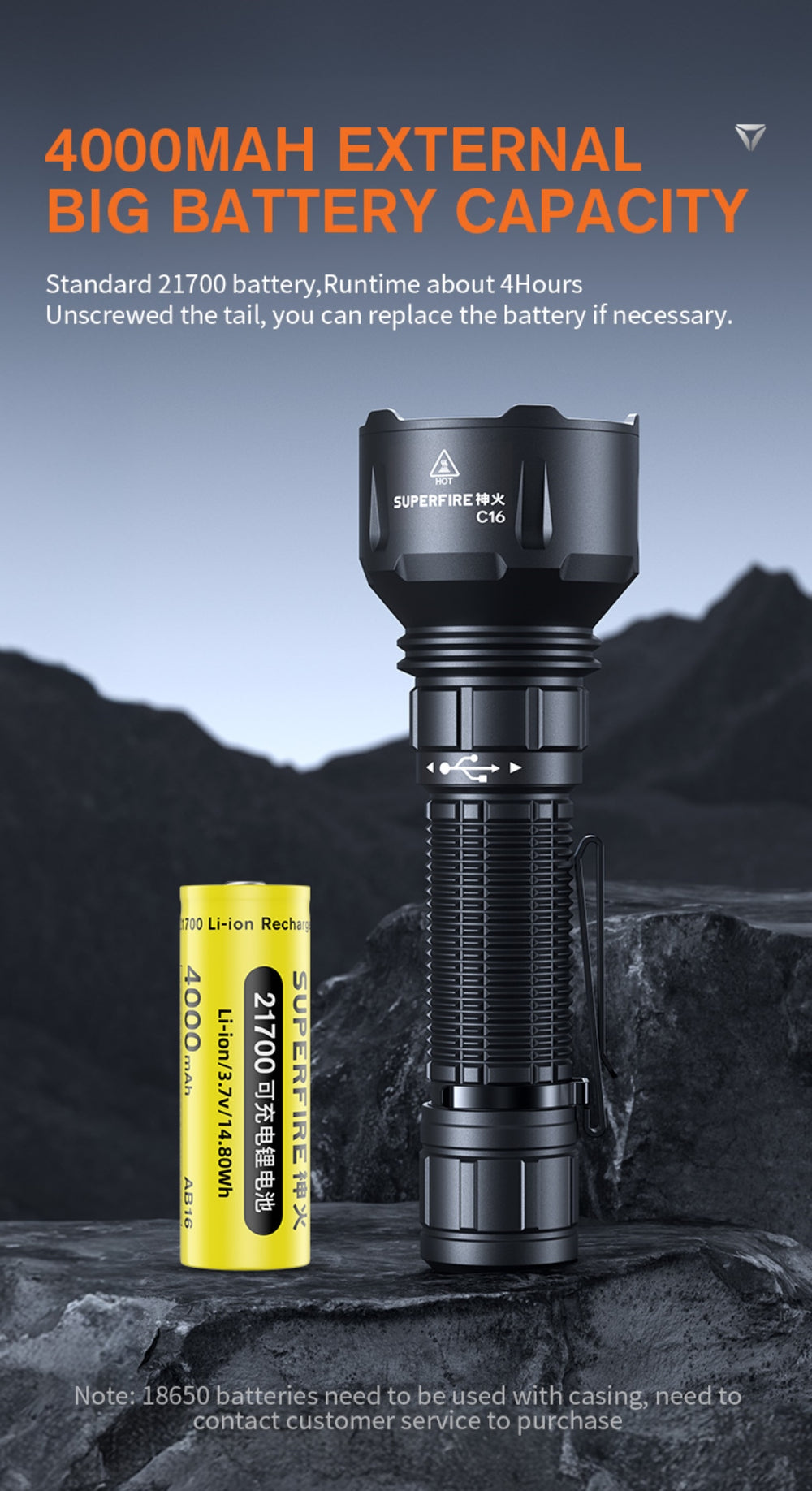 SUPERFIRE C16 Long-Range LED Flashlight | 2700LM, 500m Beam, Rechargeable - Image 10