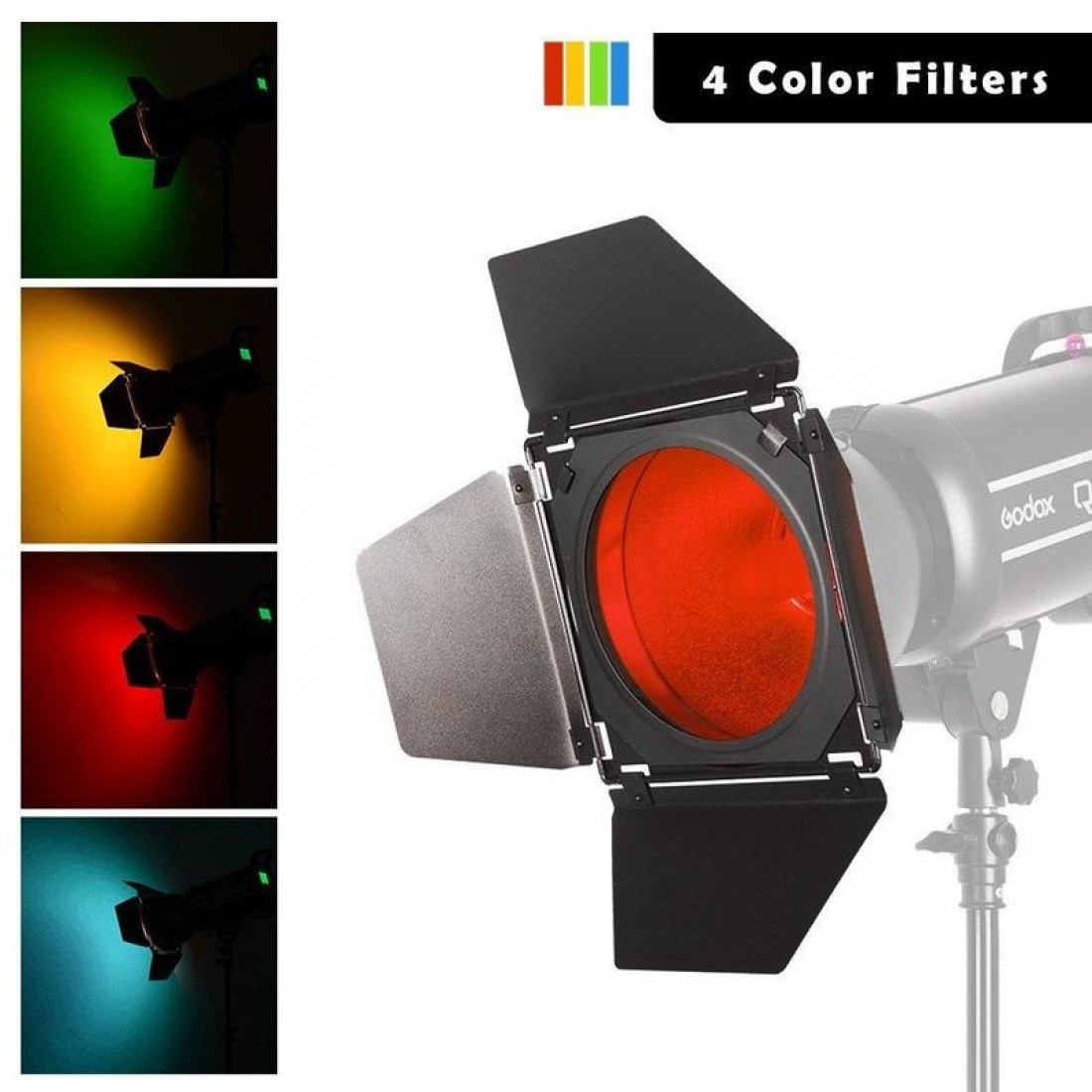 Godox BD-04 Barndoor Kit with 4 Color Gels and Honeycomb for Strobe - Image 4