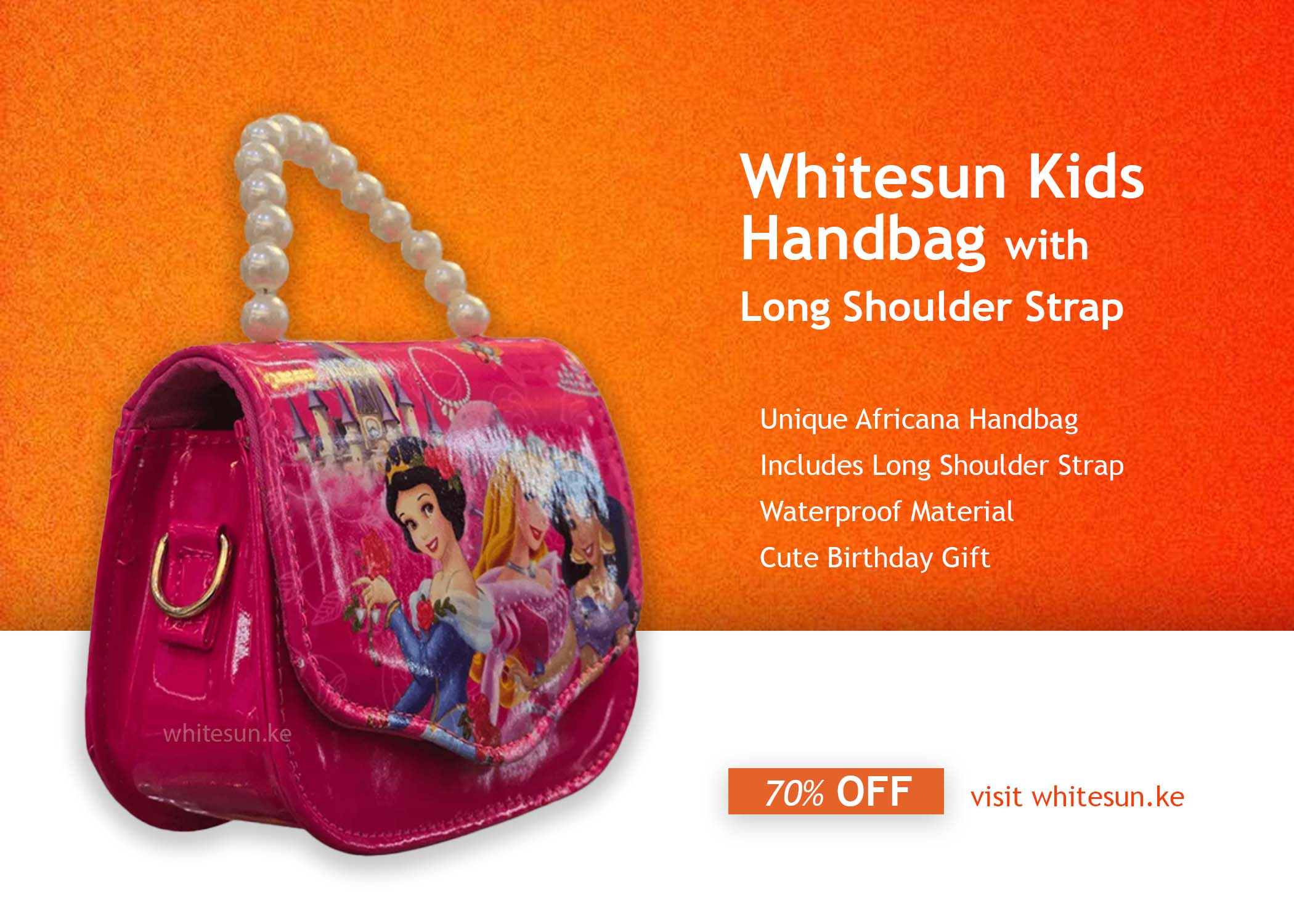 084# Whitesun Kids Handbag with Long Shoulder Strap – Waterproof Cartoon Birthday Gift for Girls 1–12 Years – Princess hot pink handbag