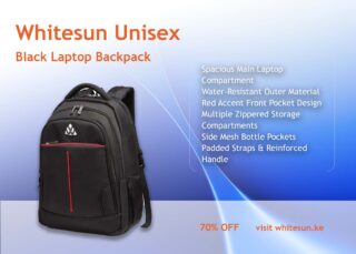 262# Whitesun Unisex Black Laptop Backpack – 48cm Water-Resistant School and Travel Bag with Red Accents, Multi-Compartment Storage, and Padded Straps