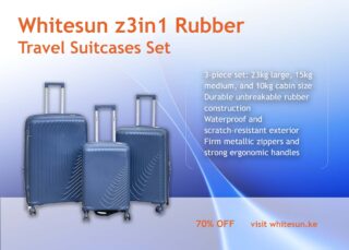 256# Whitesun z3in1 Rubber Travel Suitcases Set – Large 23kg, Medium 15kg, Cabin 10kg – Premium Waterproof, Scratch-Resistant, Unbreakable Luggage with Pinlock – Blue colour