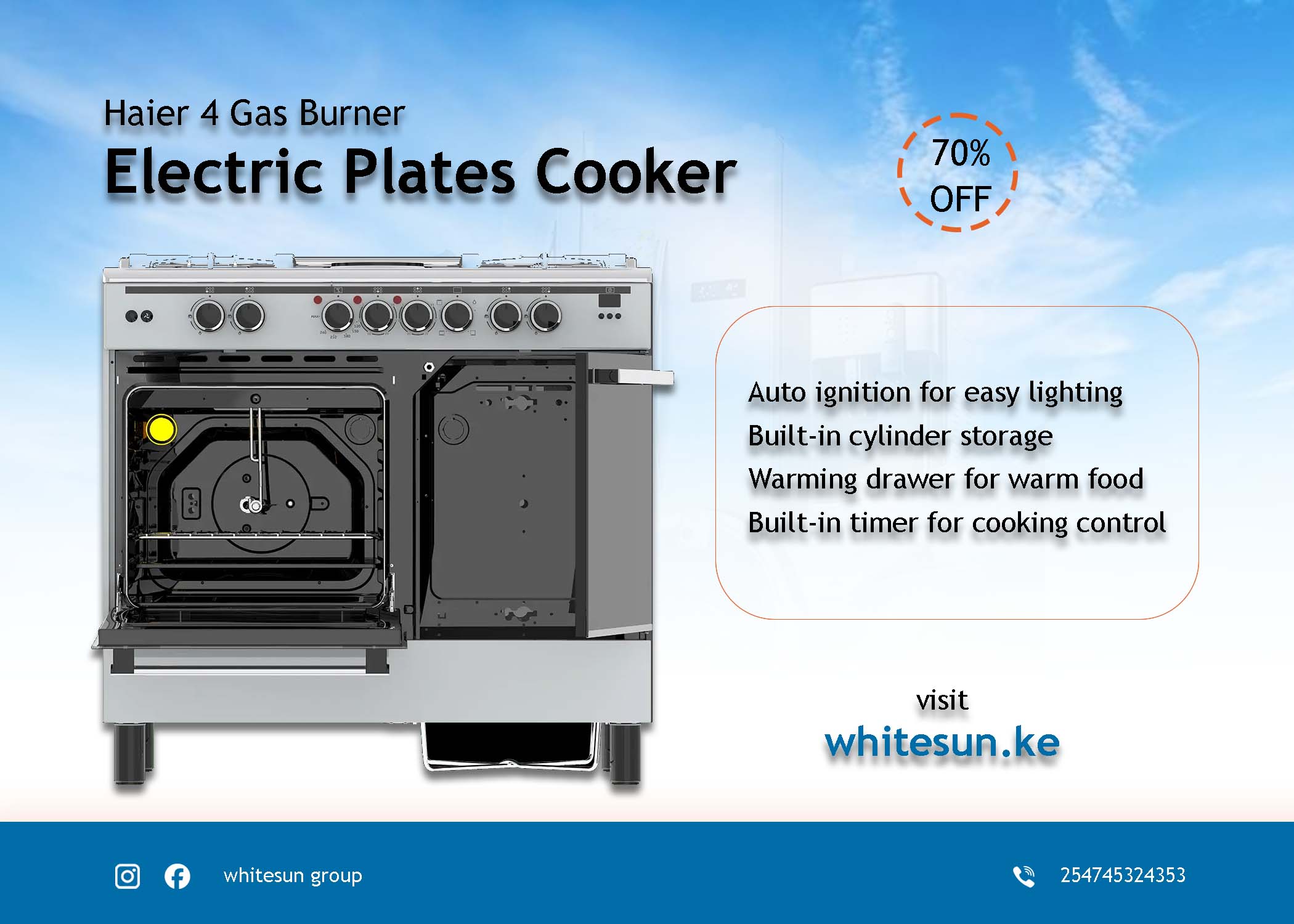 Haier 4 Gas Burner + 2 Electric Plates 60x90 Cooker - HCR6042DES