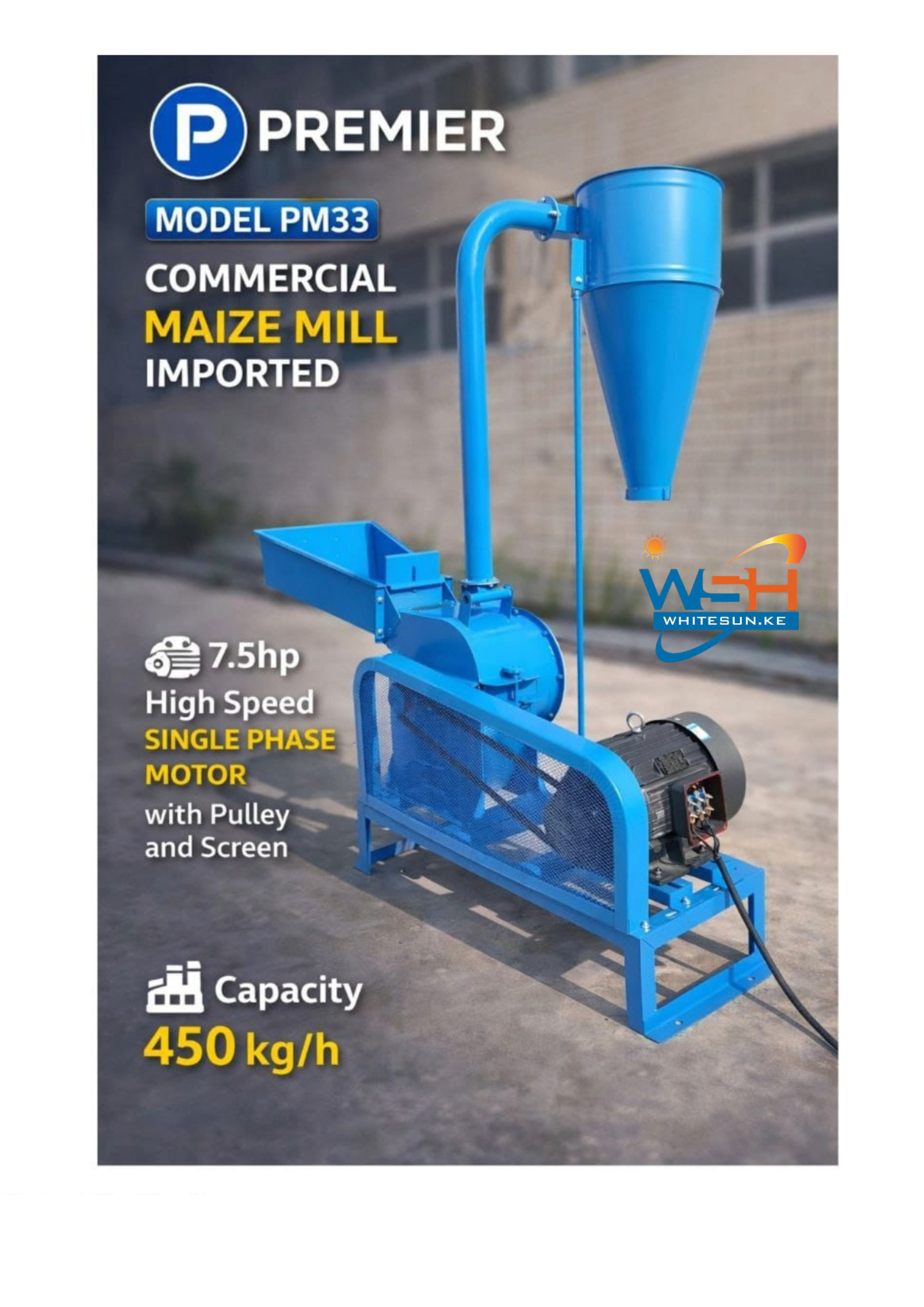 7.5 HP Premier PM33 Commercial Maize Mill -High- speed Motor, 450 kg/h Output, Single Phase - Image 4