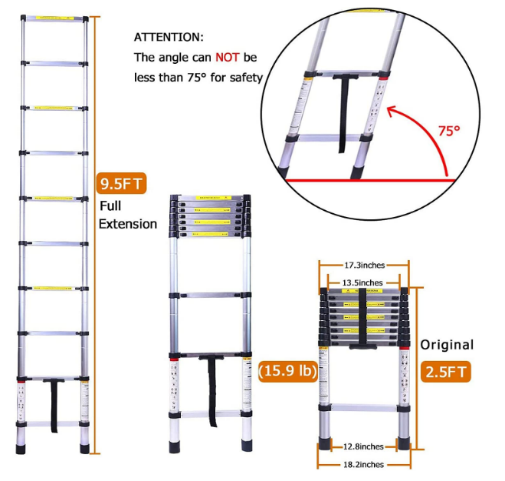 ALUMINUM TELESCOPIC LADDER 2.9M 10 STEP SINGLE SIDE(SILVER) THICKNESS:1.3-1.5MM STEP DISTANCE:30CM USE HEIGHT:2.9M FOLDING SIZE:75*47*8CM 1PCS/BAG/BROWN CARTON WITH FOAM INSIDE NW/GW.:7.4KG/8.1KG PACKING SIZE:48*9*78CM MAX LOAD:150KGS